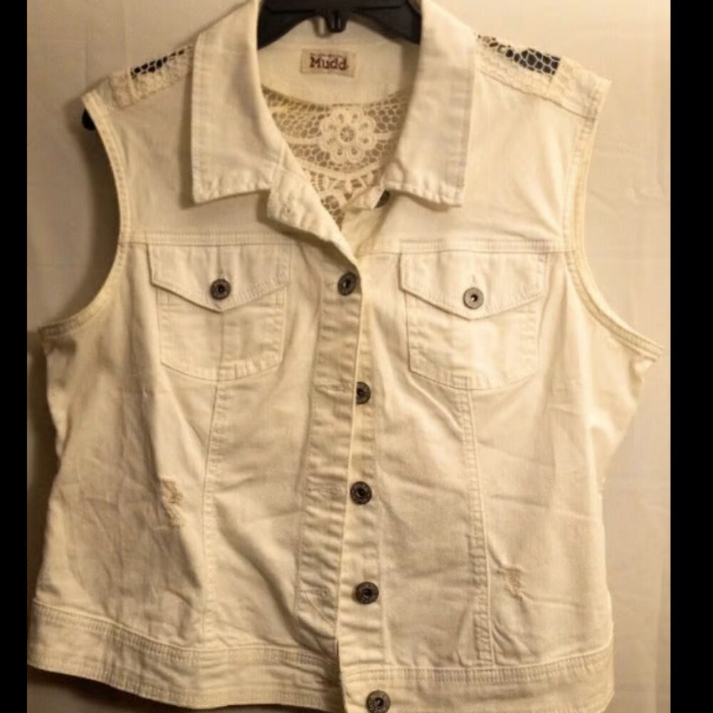 Mudd Junior Women's White Lace-Back Sleeveless Button-Front Collared Vest Sz XL